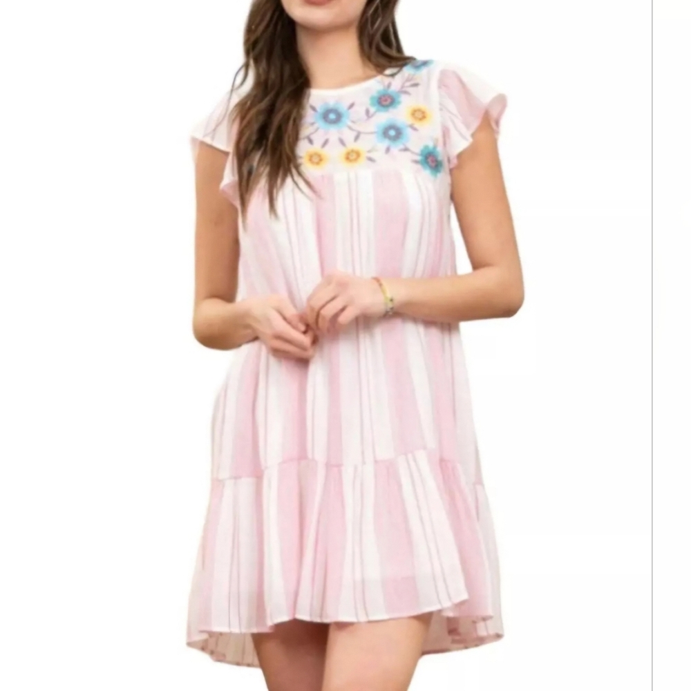 Perch By Blu Pepper White Pink Striped Embroidered Babydoll Dress Plus Size 2XL